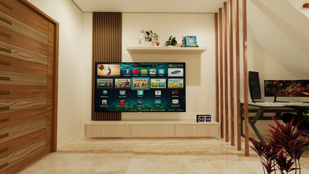 Custom timber media wall and built-in cabinetry
