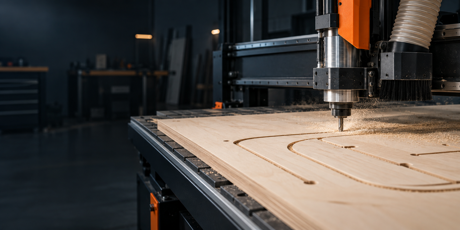 CNC router cutting a plywood panel in a fabrication workshop